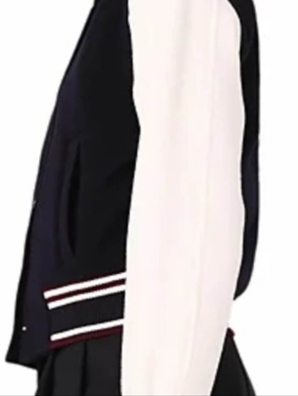Maje Navy Body with White Sleeves Mixed-Fabric Bomber Jacket - Picture 4 of 5